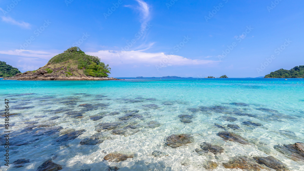 beautiful beach view Koh Chang island seascape at Trad province Eastern of Thailand on blue sky background , Sea island of Thailand landscape