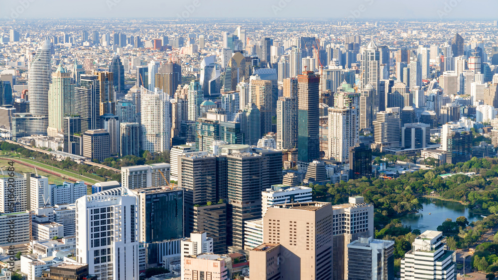 Obraz premium The Metropolitan Bangkok City - Aerial view urban tower Bangkok city Thailand on April 2019 , blue sky background , Cityscape Thailand