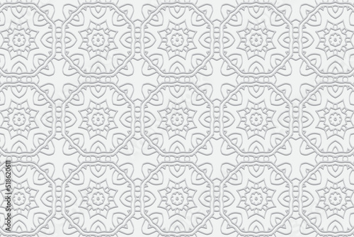 Embossed white background, ethnic cover design. Geometric lace 3D pattern, arabesques. Tribal topical ornaments of the East, Asia, India, Mexico, Aztecs, Peru.