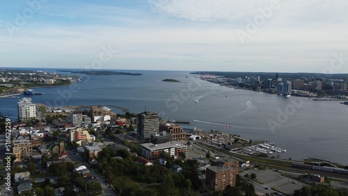 Aerial view of the Dartmouth, Halifax Harbour, Nova Scotia, Canada under blue sky