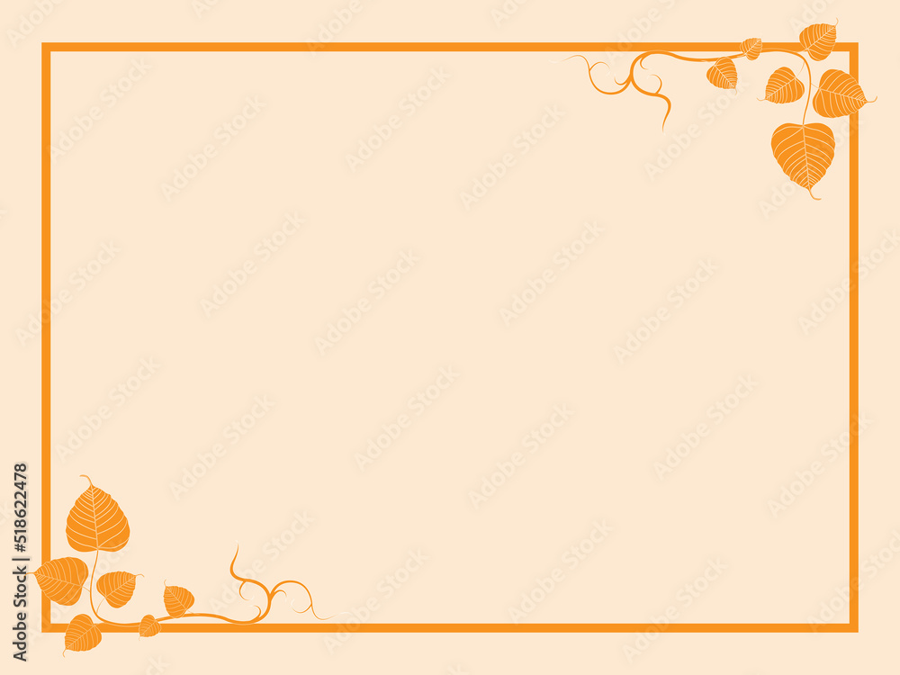 Shades of Orange. Orange background with square frame and leaves of Bodhi tree. Banner template design. - vector