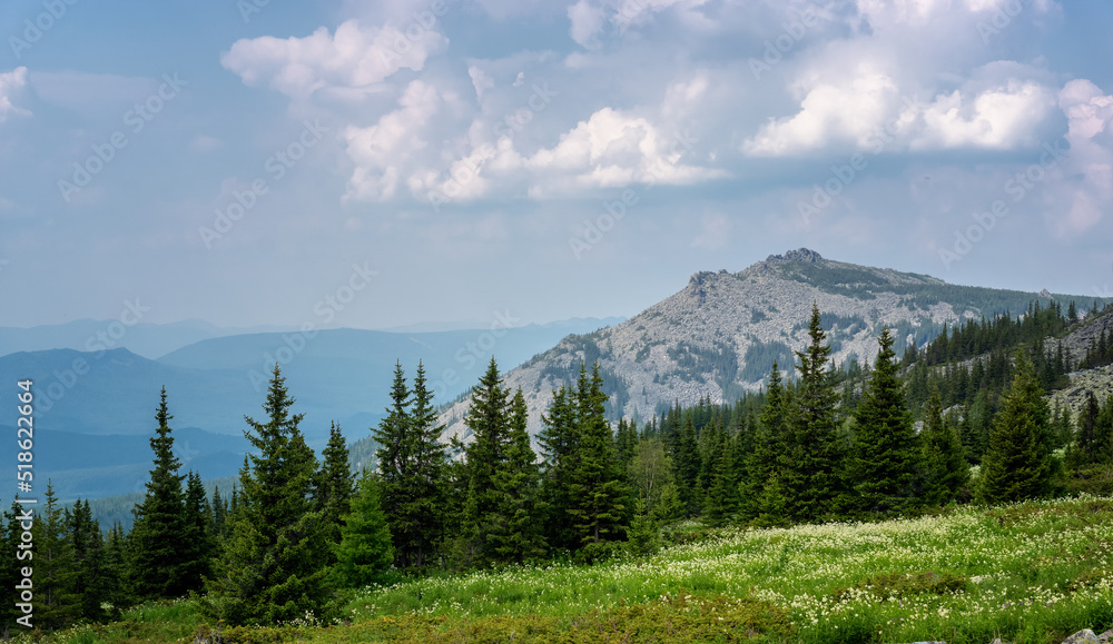 Mountain landscape in Russia in July, Ural Sverdlovsk region 2022, Bashkiria