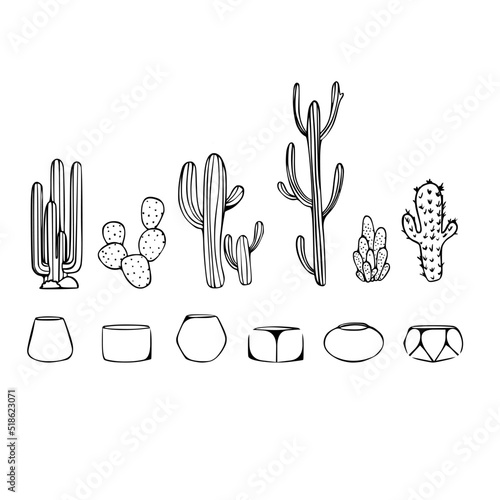 Mexican cactus in pot set. Desert spiny plant, cacti flower and tropical home plants or garden cactuses and succulent. Flora isolated vector icons collection. Illustration in line artvstyle.