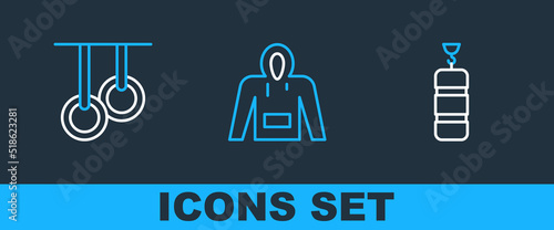 Set line Punching bag, Gymnastic rings and Hoodie icon. Vector