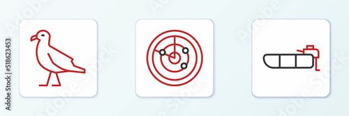 Set line Inflatable boat with motor, Bird seagull and Radar targets icon. Vector