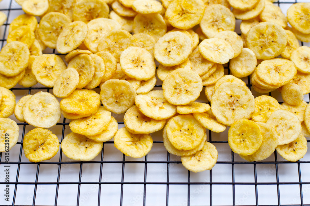 Banana slice chips on white background. Banana slice chips on white background.