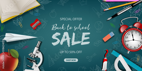 Back to school poster with school items on chalkboard background. back to school sale background with school supplies, paper alarm clock and chalk doodles