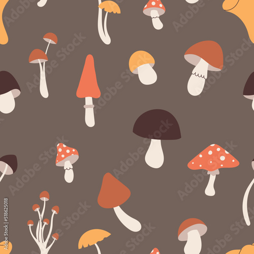 Seamless pattern with mushrooms. Freehand drawing. Can be used on packaging paper, fabric, background