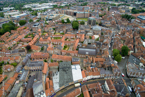 aerial view of historic city of York, medieval walled city in North Yorkshire England