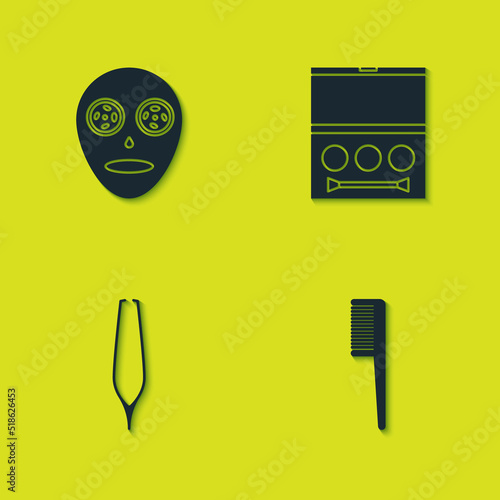 Set Facial cosmetic mask, Hairbrush, Eyebrow tweezers and shadow palette icon. Vector