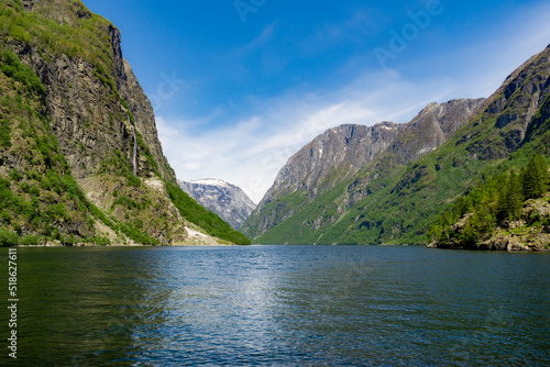 Impressive fjord between mountains with waterfalls and all green, in Gudvangen - Norway