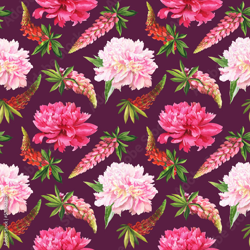 Fototapeta Naklejka Na Ścianę i Meble -  watercolor seamless pattern - colorful peonies in botanical style