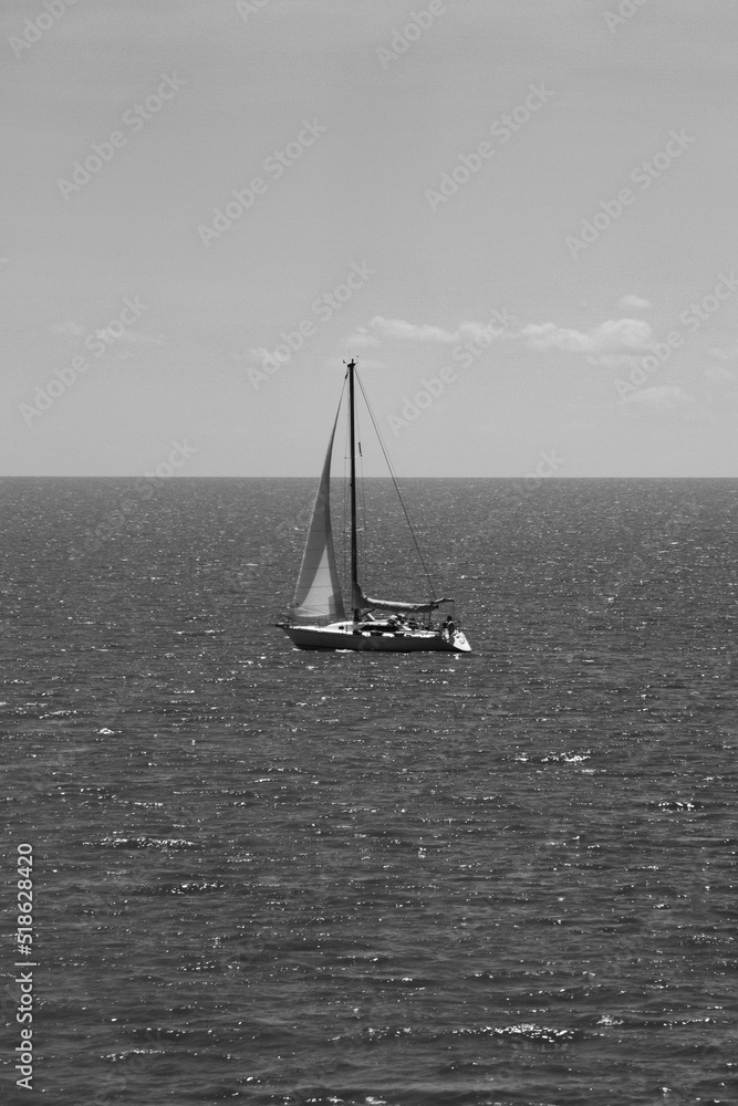 sailboat on the river in black and white