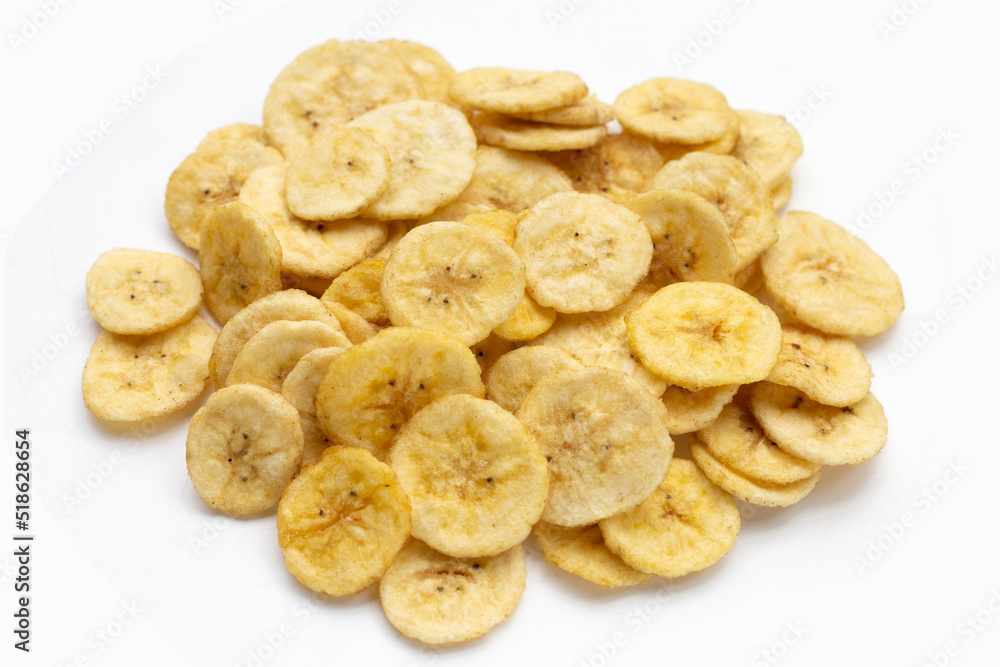 Banana slice chips on white background. Banana slice chips on white background.
