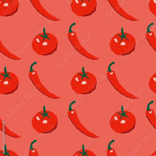 Seamless pattern with fresh tomato and red chilli pepper vegetables. Organic food. Vector illustration for design, web, wrapping paper, fabric, wallpaper. Colorful texture with hand drawn vegetables.