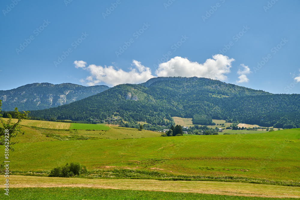 Farmland with lush meadow and hills or mountains covered with greenery in the countryside. Scenery of a calm empty field in nature. Natural view of open green landscape in the outdoors on a sunny day
