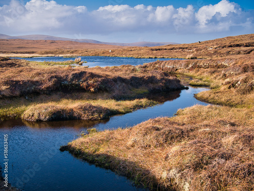 A wetland area forming peat near Eshaness, Northmavine on Mainland, Shetland, UK. Taken on a sunny day with blue sky and white clouds.