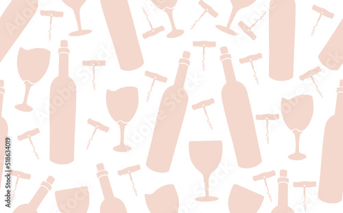 Wine Seamless Pattern. Background with Pik Pastel  Bottles, Glasses and Corks...