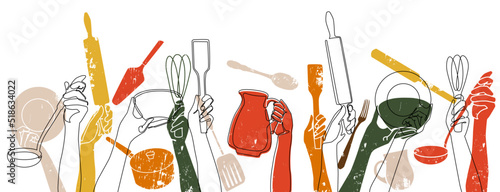 Set of Hands Holding different Kitchen Utensils. Cooking Background. Continuous line drawing style. Vector illustration.