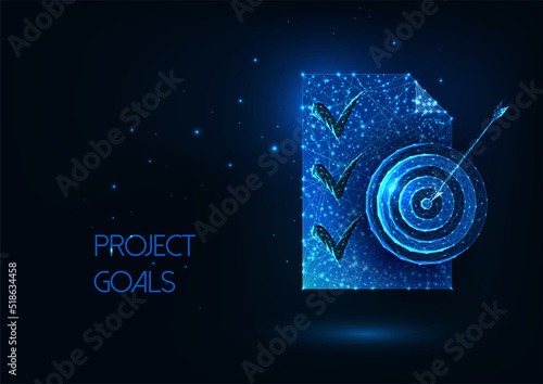 Project goals concept with document and target symbol in futuristic glowing low poly style on blue 