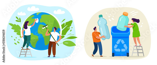 People save green Planet environment. Earth Day, Nature ecology protection concept. Colored flat vector illustration