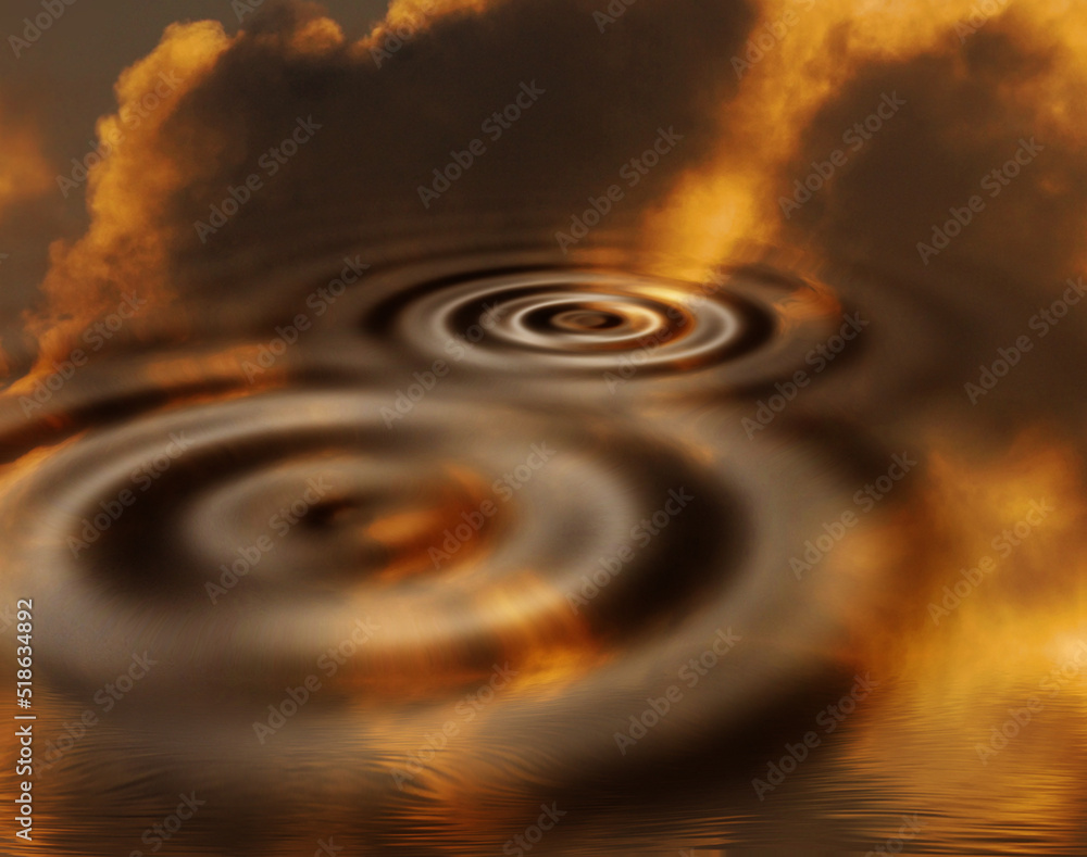 Closeup of orange psychedelic water ripple with dramatic storm sky and clouds reflecting in motion effect. Texture detail of colourful movement from raindrop, puddle splash or hypnotic view of liquid