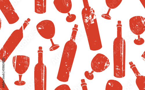 Wine Seamless Pattern. Background with red grunge Bottles and Glasses. Vector...