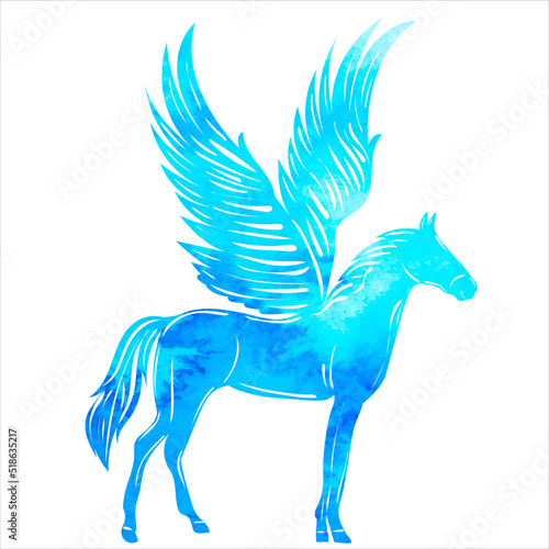 silhouette pegasus watercolor blue on white background isolated, vector