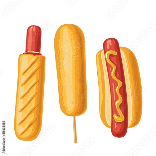 Hotdogs and corndog. Vector color icon for poster, menu