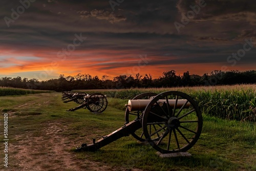 View of the Richmond National Battlefield Park cannons at sunset