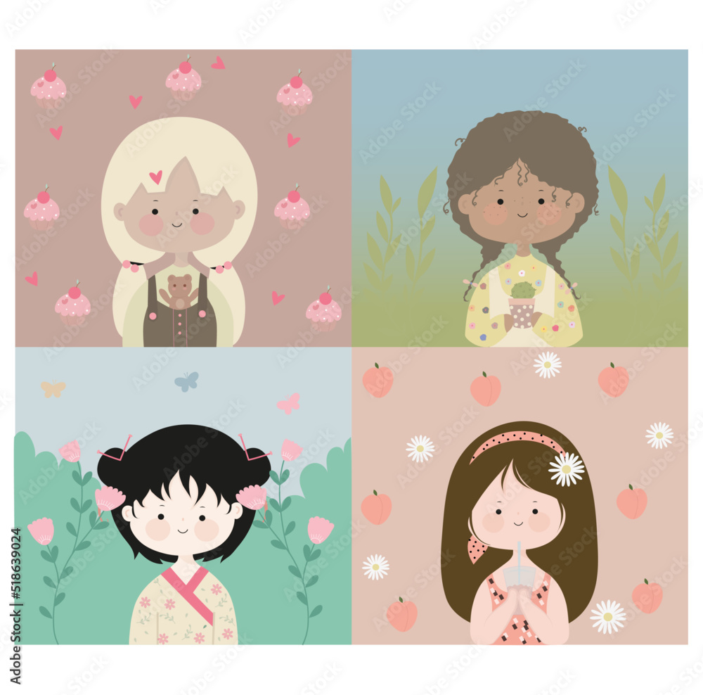 Cute girls vector cartoon set. Happy girl characters. Cute girls vector cartoon set. Happy girl characters.
