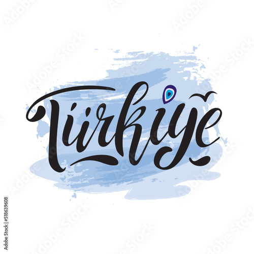 Turkiye, Vector hand lettering illustration. Black letters with nazar turkish symbol and seagull on the blue water background. Turkey logo for emblem brochure banner sticker social media travel blog.