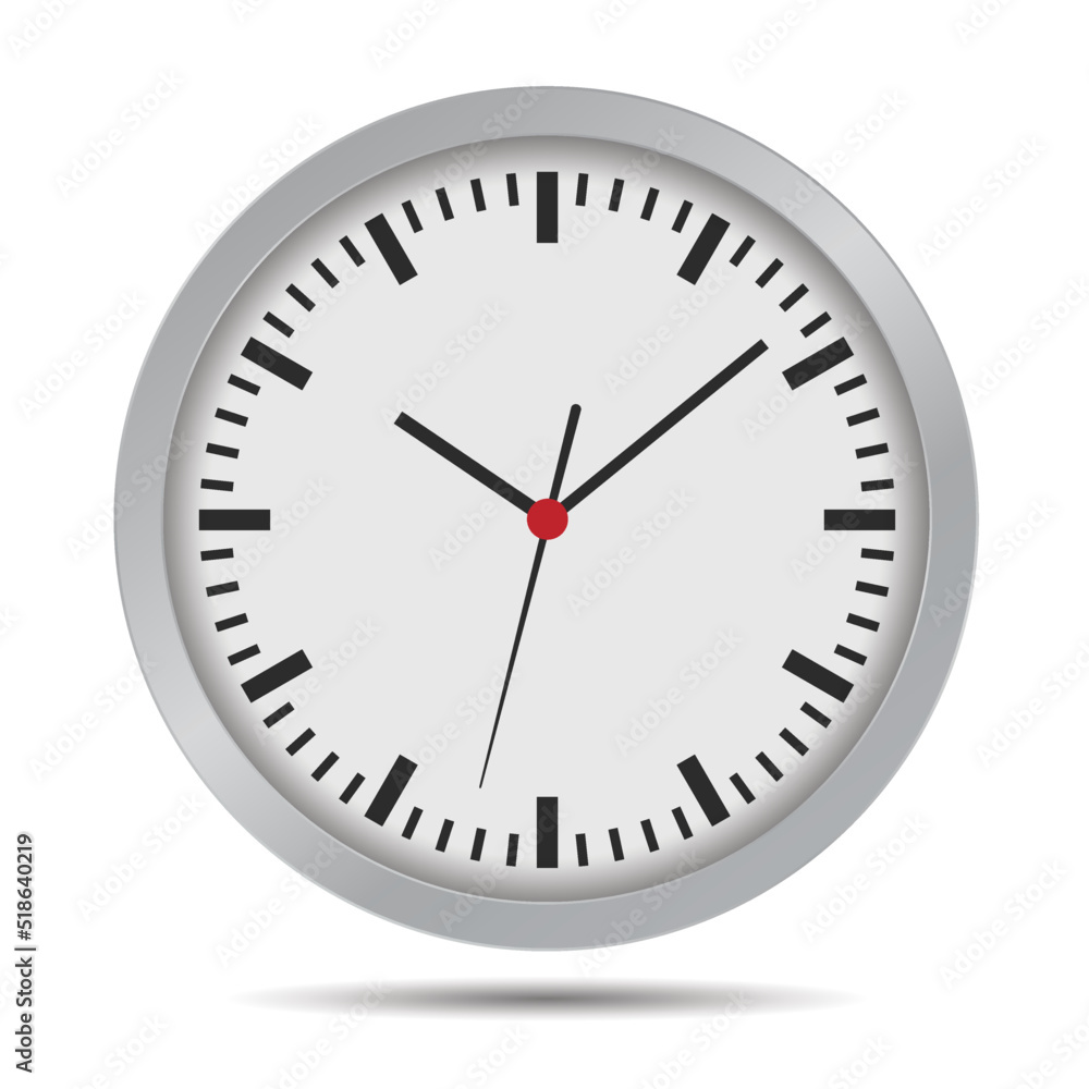Flat design illustration of a bright wall clock. Round dial with minute, hour and second hands and red center, vector Flat design illustration of a bright wall clock. Round dial with minute, hour and second hands and red center, vector