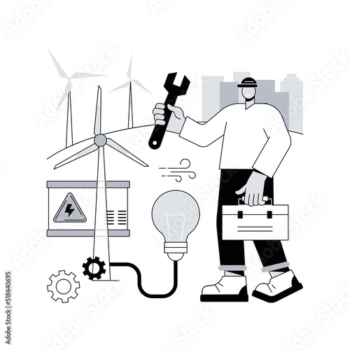 Wind power abstract concept vector illustration. Renewable energy, green electricity supply, wind turbine, power generator, solar panels, renewable source, engineer worker abstract metaphor.