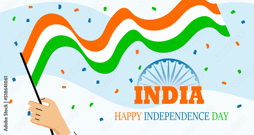 India Happy Independence Day background. Human hand holding Indian flag. Social media banner or post template, greeting card 