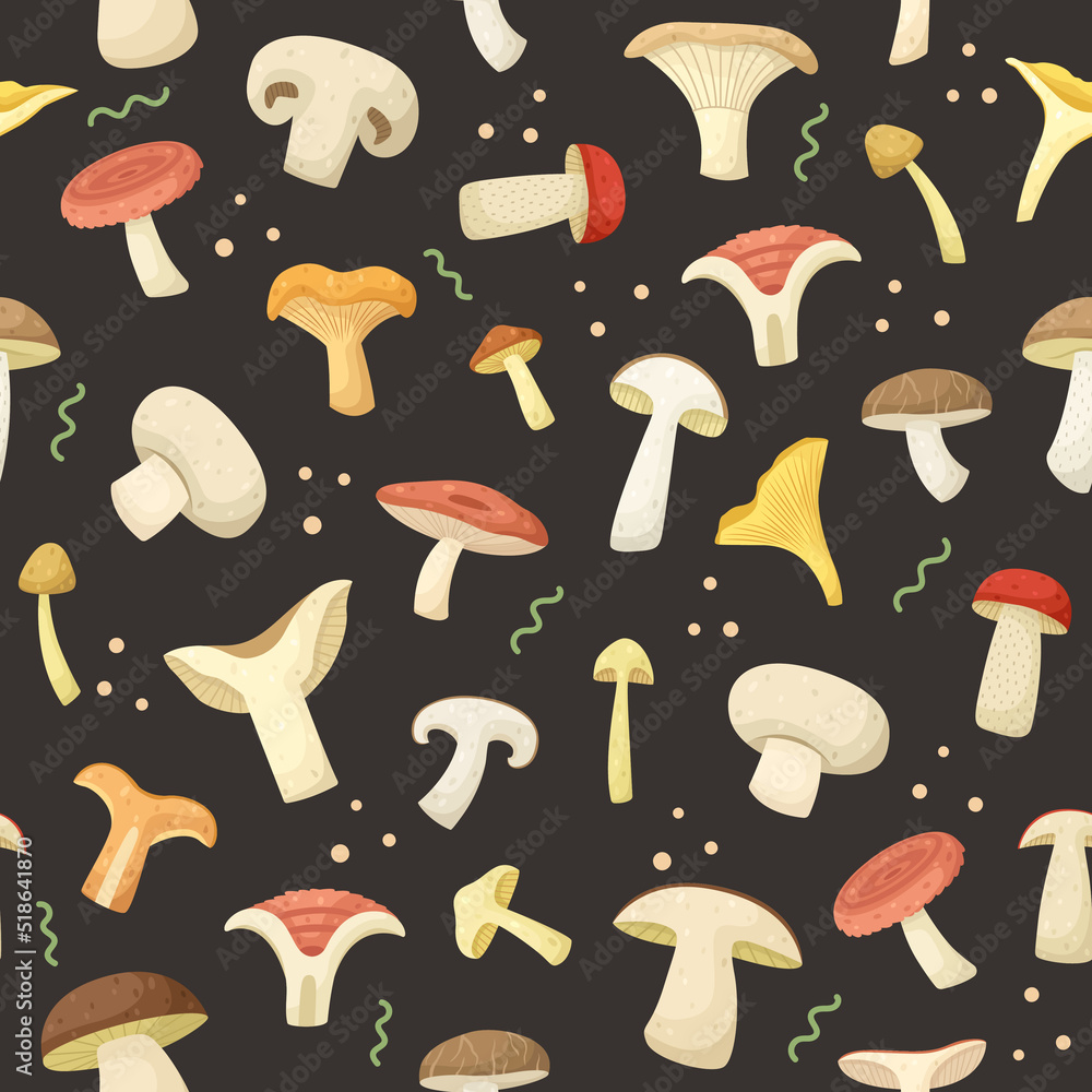 Vector seamless pattern with different types of mushrooms.