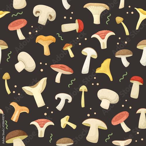 Vector seamless pattern with different types of mushrooms.