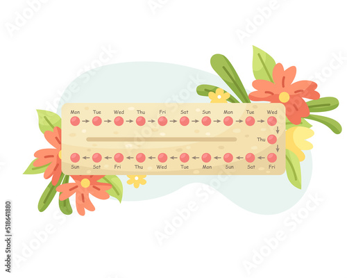 Vector illustration of a package with birth control pills. Menstrual cycle. Hormonal medication.