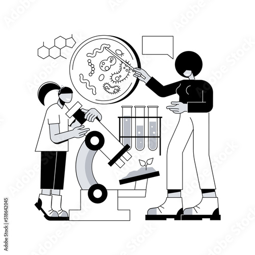 Science camp abstract concept vector illustration. Science summer camp, young scientists lessons, laboratory tests, thematic vacation for kids, outdoor study, making experiment abstract metaphor.