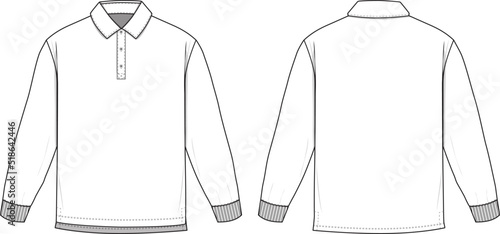 Rugby Polo Long Sleeve Collared Flat Technical Drawing Illustration Blank Mock-up Template for Design and Tech Packs CAD Technical Sketch
