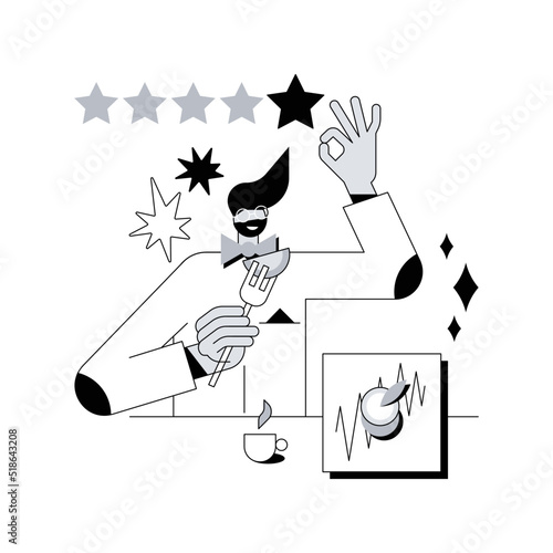 Food critic abstract concept vector illustration. Analyze food, restaurant chef, write review, rating, expert opinion, culinary show, undercover guest, travel guide abstract metaphor.