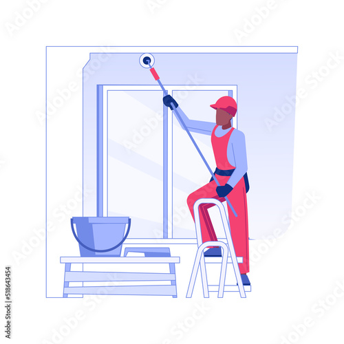 Professional wall painting isolated concept vector illustration. Professional contractor with roller painting a wall, building process, interior works, ceiling improvement vector concept.
