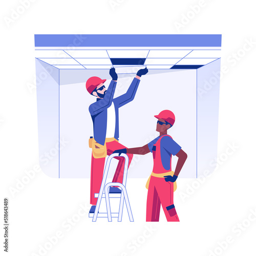 False ceiling installation isolated concept vector illustration. Builders installs a false ceiling, commercial construction process, interior works, panels mounting vector concept.