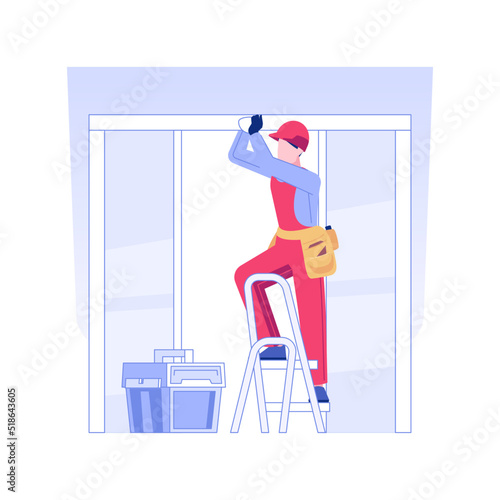 Automatic sliding doors installation isolated concept vector illustration. Repairman installing automatic sliding doors, commercial construction, ceiling and walls works vector concept.