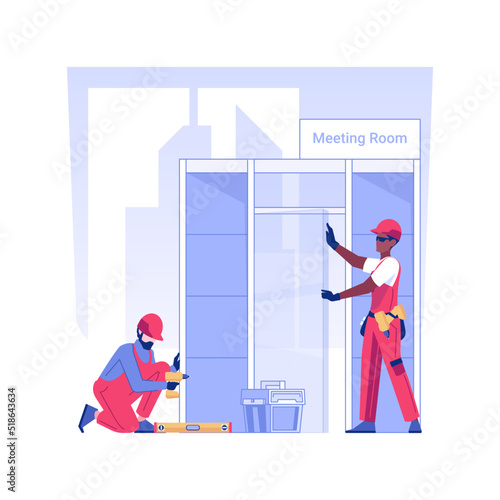 Installing partitions isolated concept vector illustration. Group of professional repairmen installing glass partition walls in office, interior works, commercial construction vector concept.