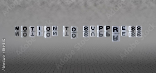 motion to suppress word or concept represented by black and white letter cubes on a grey horizon background stretching to infinity