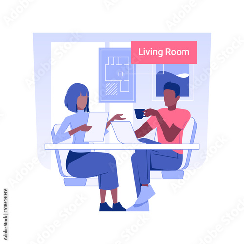 Living room design isolated concept vector illustration. Interior designer discussing living room project with a client, private house custom interior, repair company service vector concept.