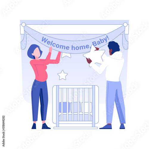 Decorating baby room isolated concept vector illustration. Smiling pregnant woman and interior designer decorate a nursery room together, newborn appearance preparation vector concept.