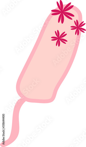 Feminine white tampon with spot of blood. Menstruation days. Girl hygiene producer. Vector illustration in trendy flat style isolated on white background.