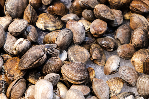 A large assortment or pile of Seattle clams at the famous Seattle Farmer's Market Pike Place